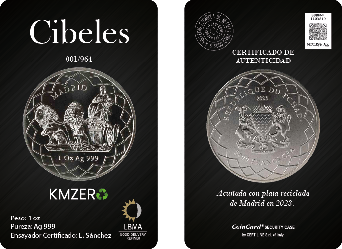 Moneda de plata Cibeles presentada con blíster y certificado por SEMSA