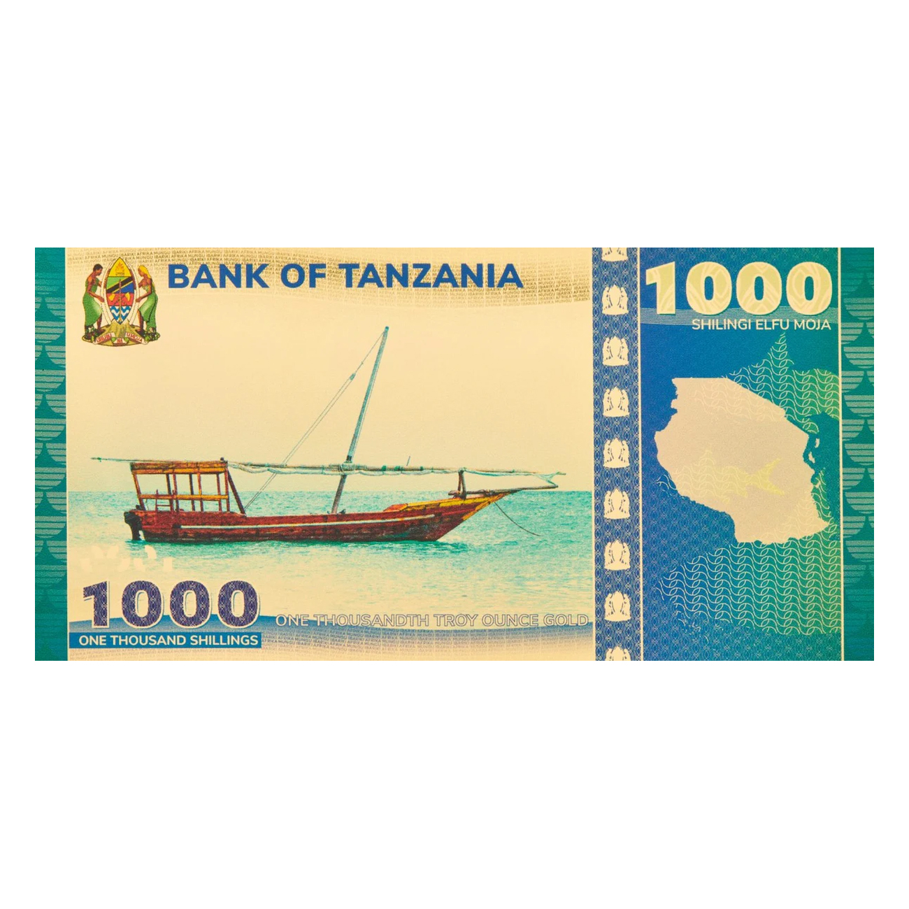 Billete de Oro 1000 Chelines del Lago Tanganyika de Tanzania 1/1000 oz reverse