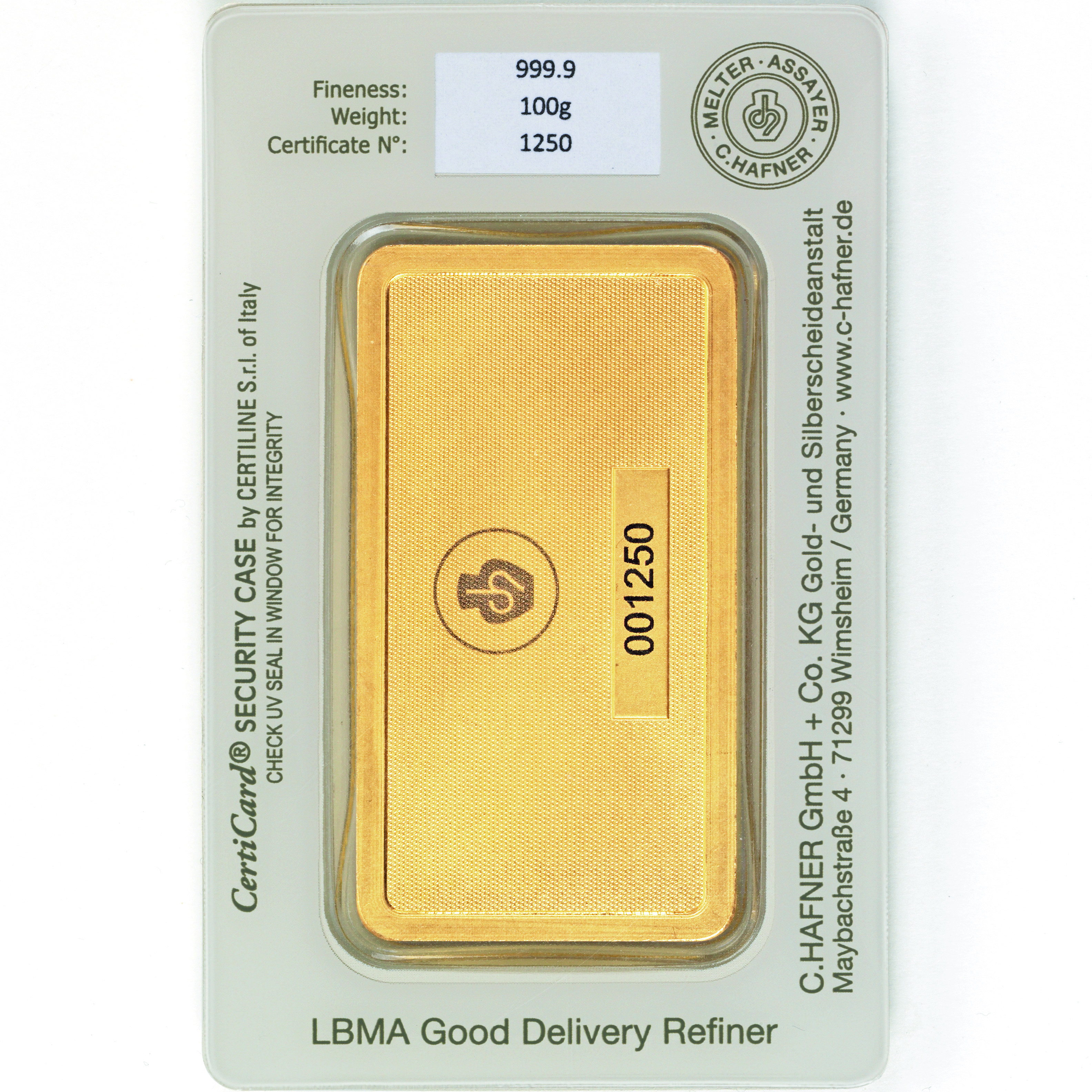Lingote de Oro C Hafner de 100g reverse