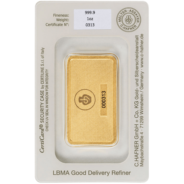 Lingote de Oro C Hafner de 1oz reverse