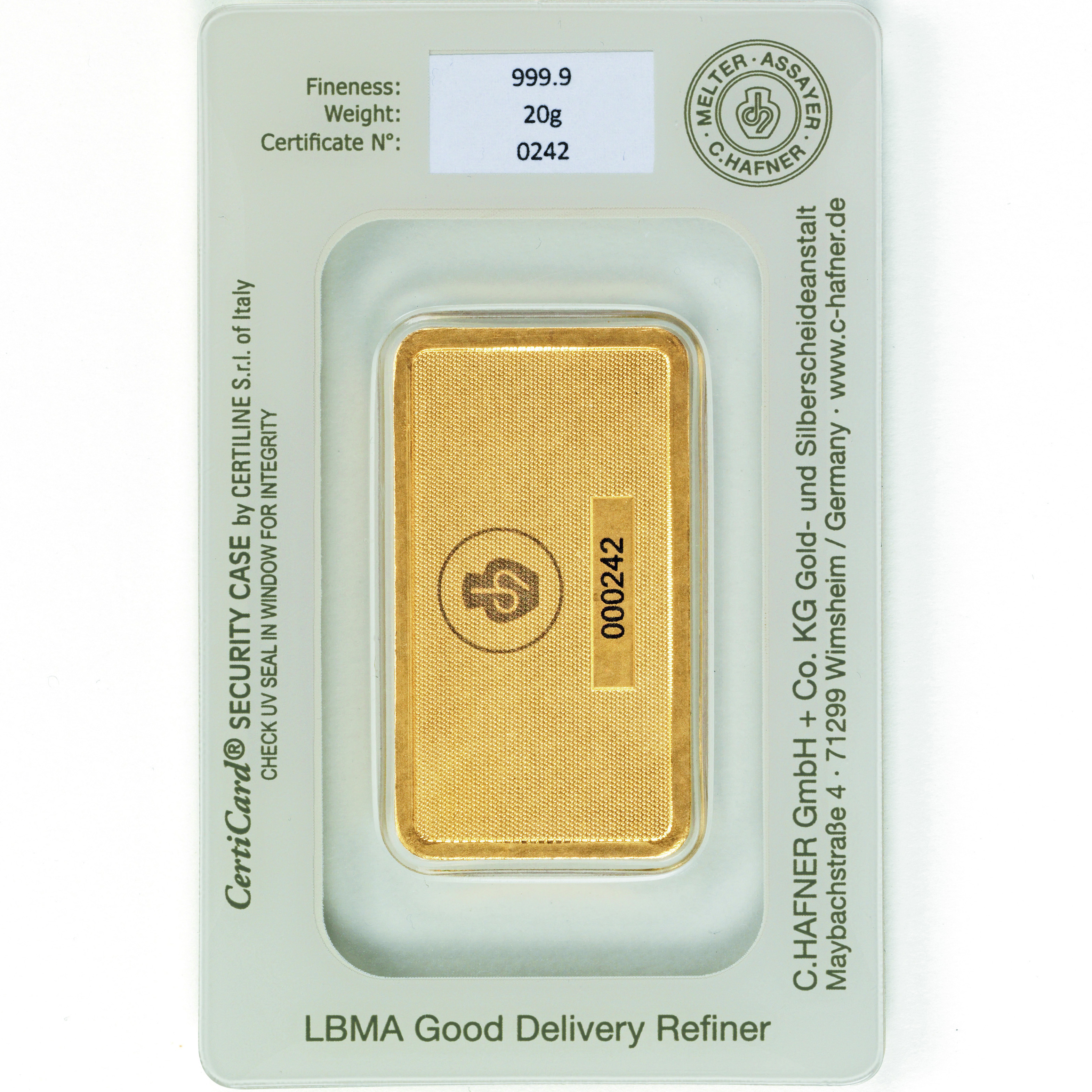Lingote de Oro C Hafner de 20g reverse