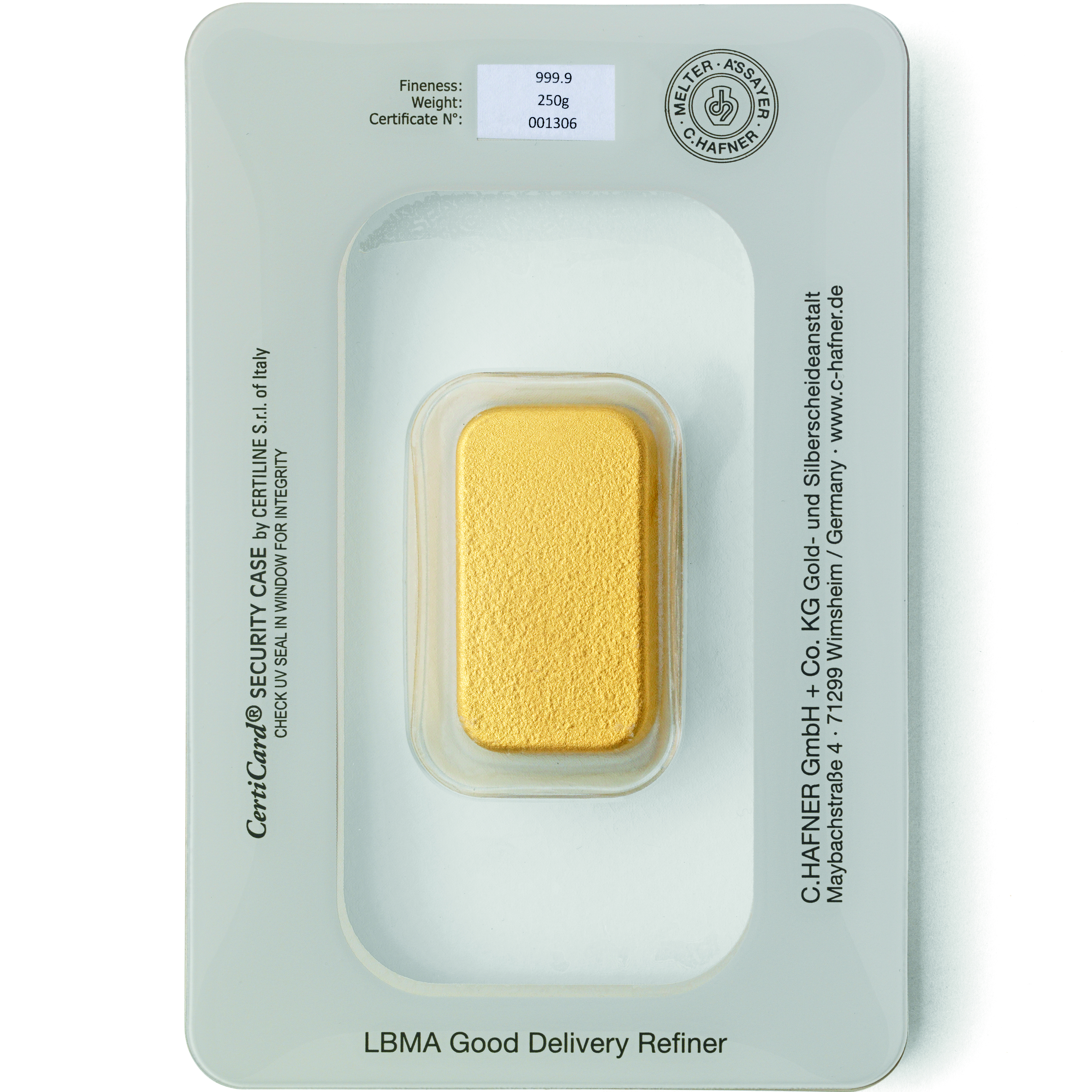 Lingote de Oro C Hafner de 250g reverse