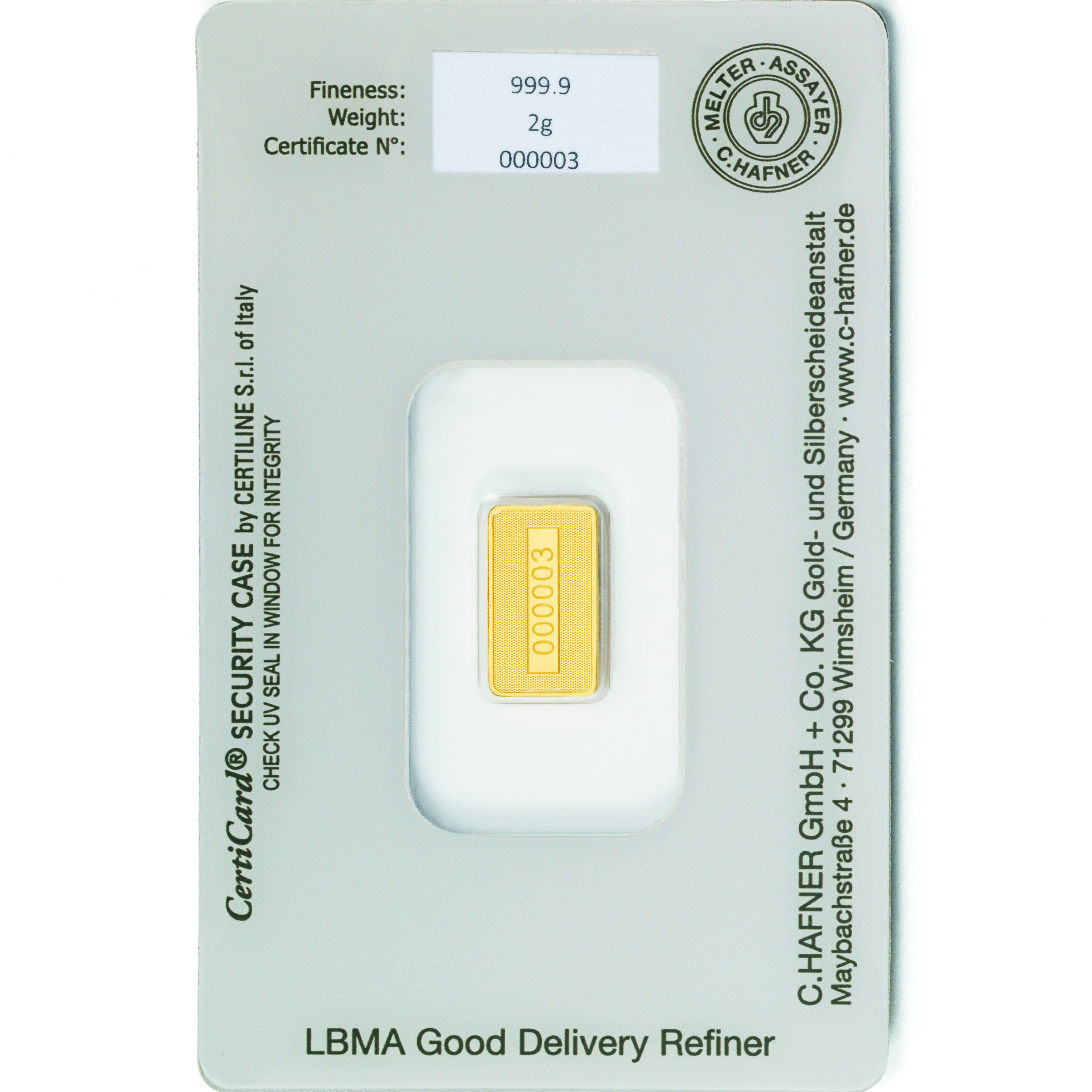 Lingote de Oro C Hafner de 2g reverse