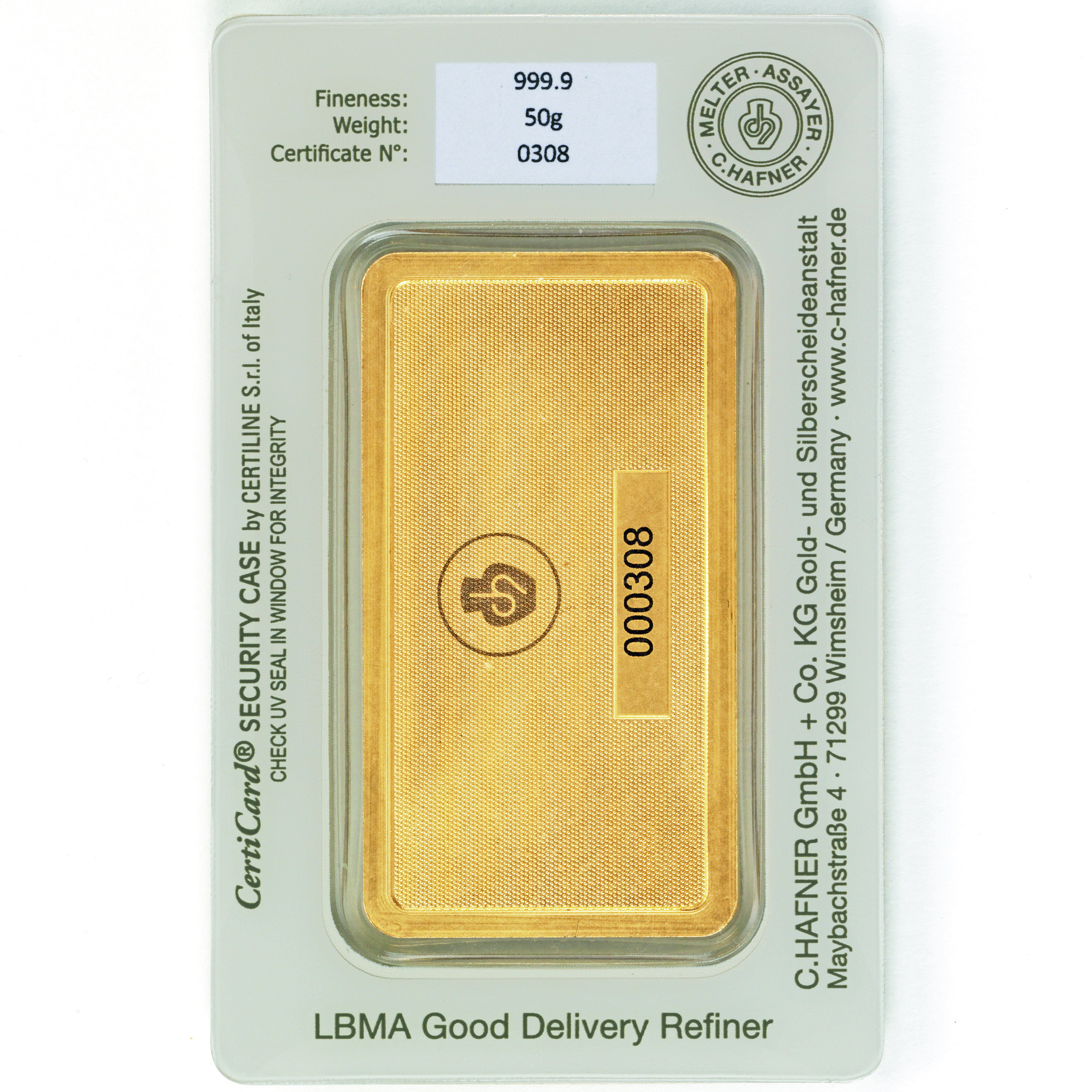 Lingote de Oro C Hafner de 50g reverse
