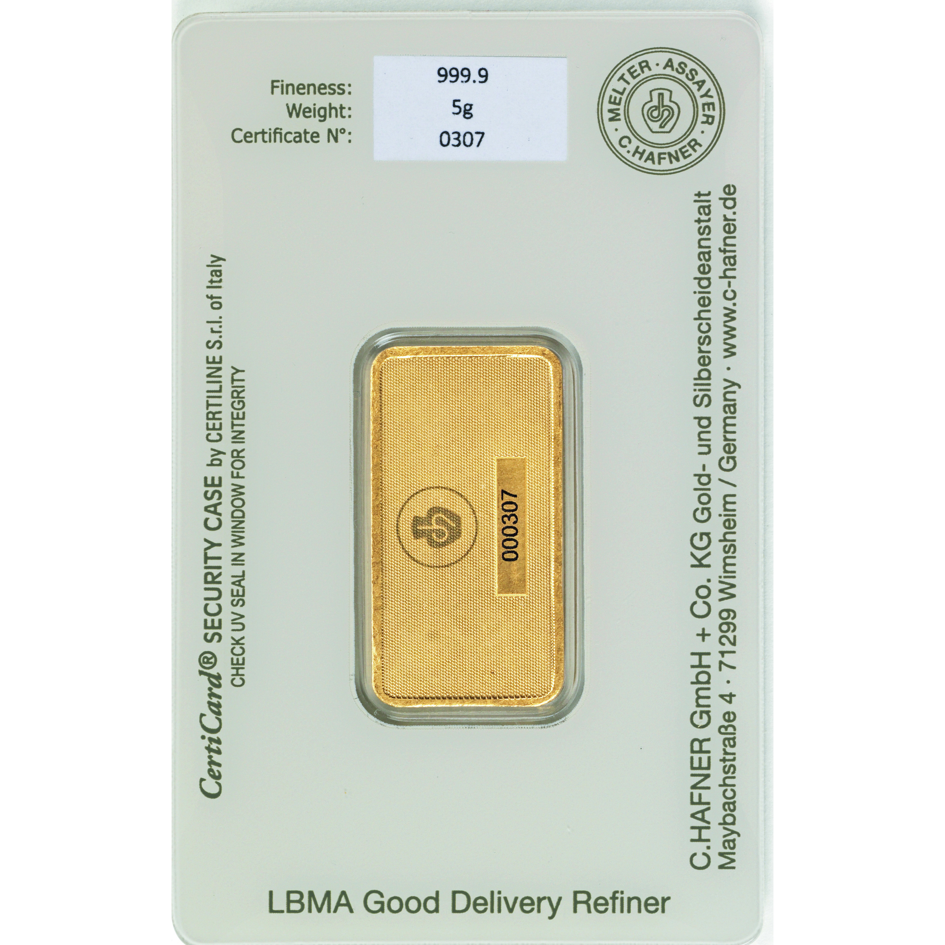 Lingote de Oro C Hafner de 5g reverse