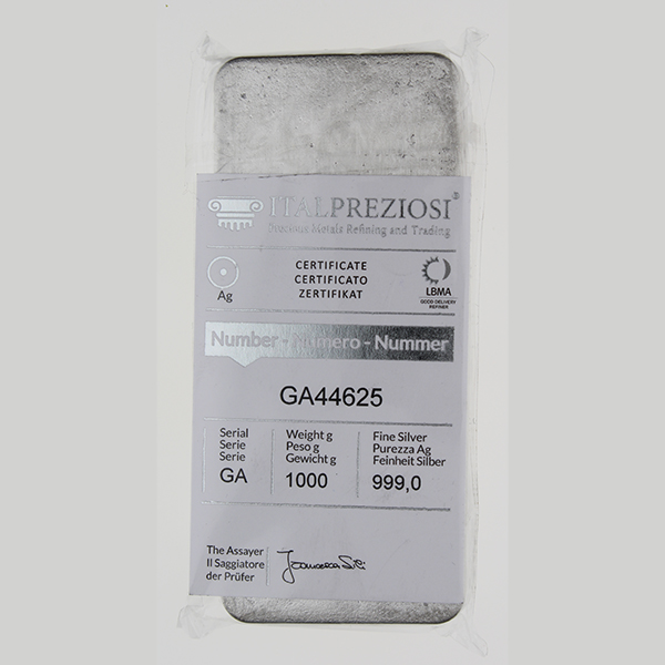 Lingote de Plata Italpreziosi de 1000g reverse