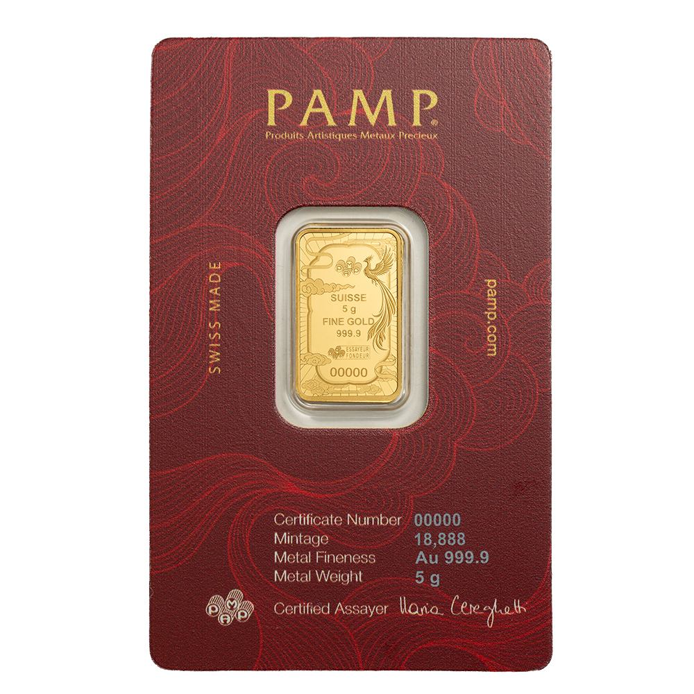 Lingote de Oro PAMP Fénix de la Suerte de 5g Blíster reverse