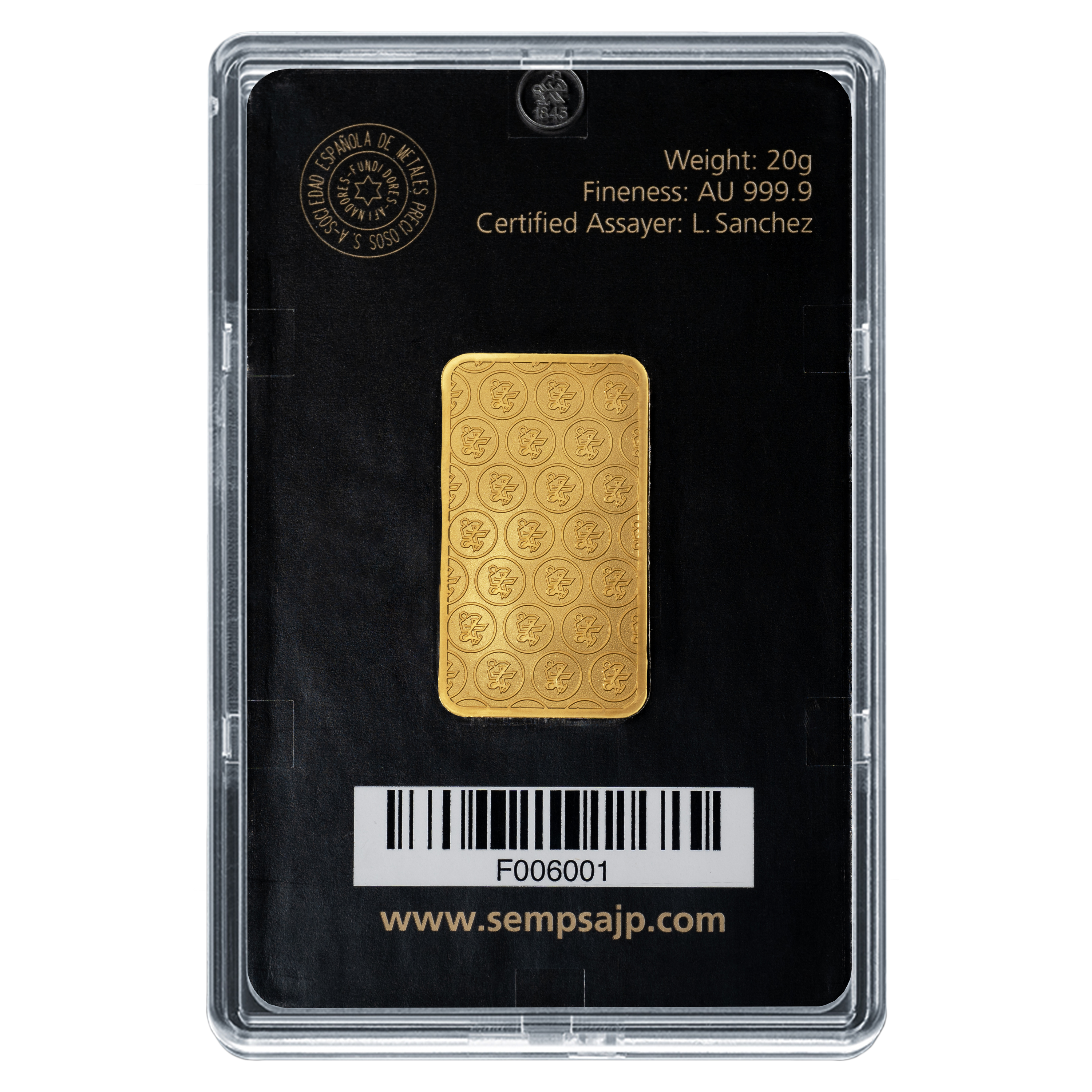 Lingote de Oro SEMPSA de 20g reverse