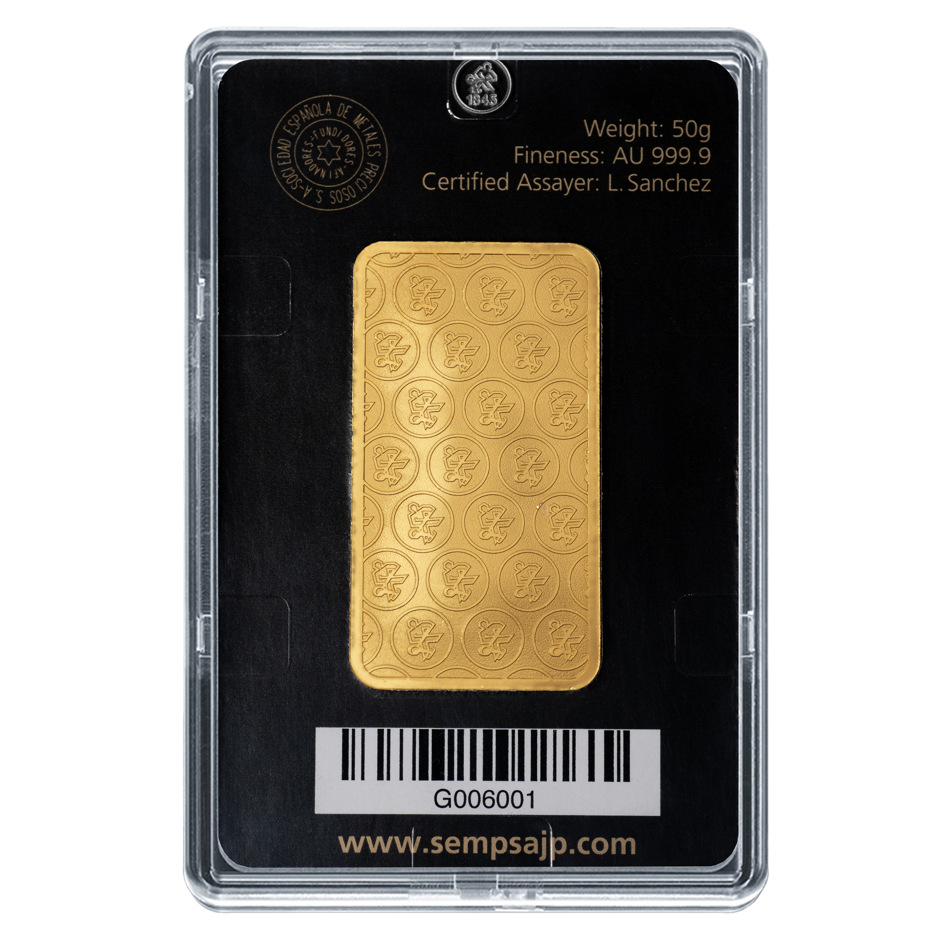 Lingote de Oro SEMPSA de 50g reverse