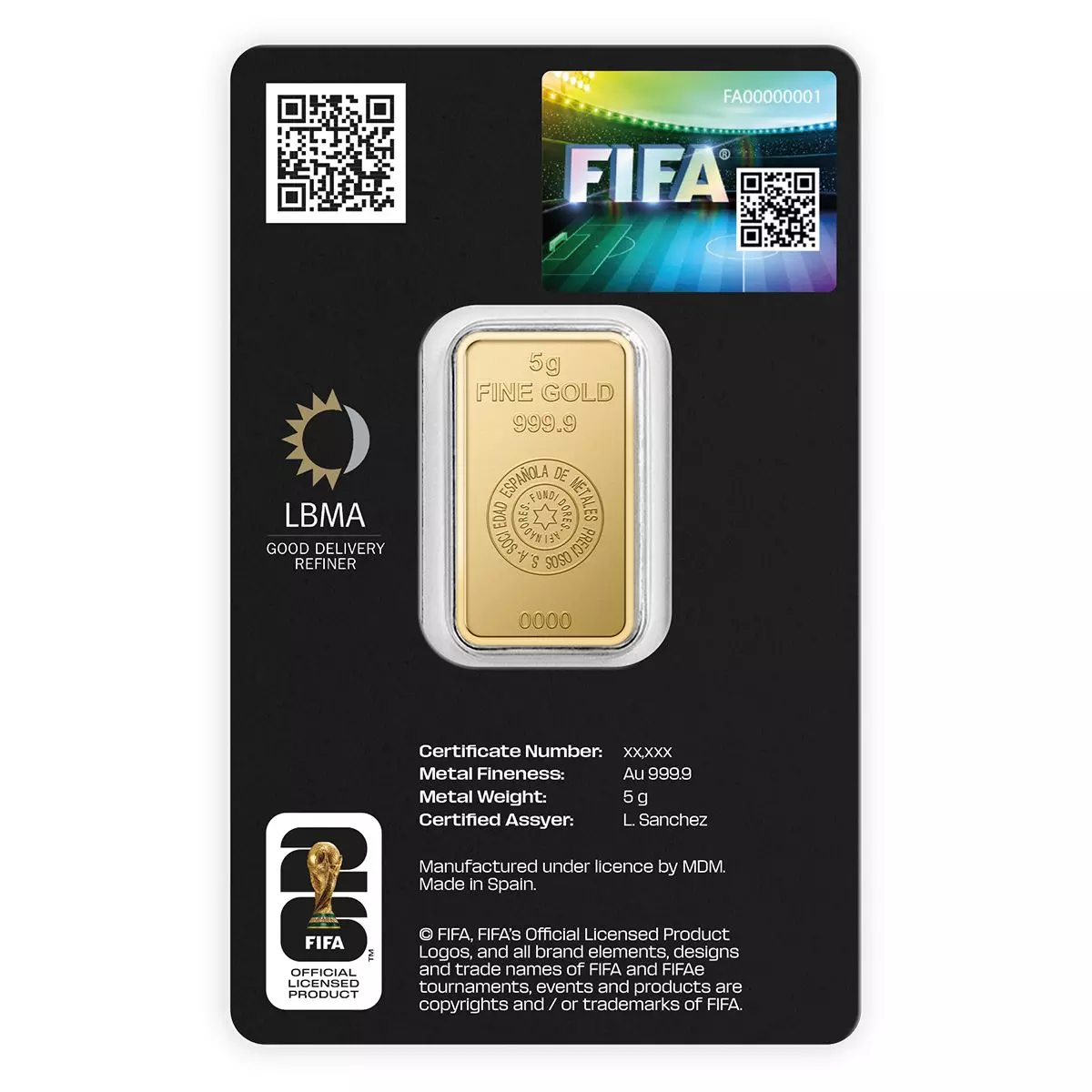 Lingote de Oro SEMPSA Copa Mundial de la FIFA - 2026 de 5g Blister reverse 2