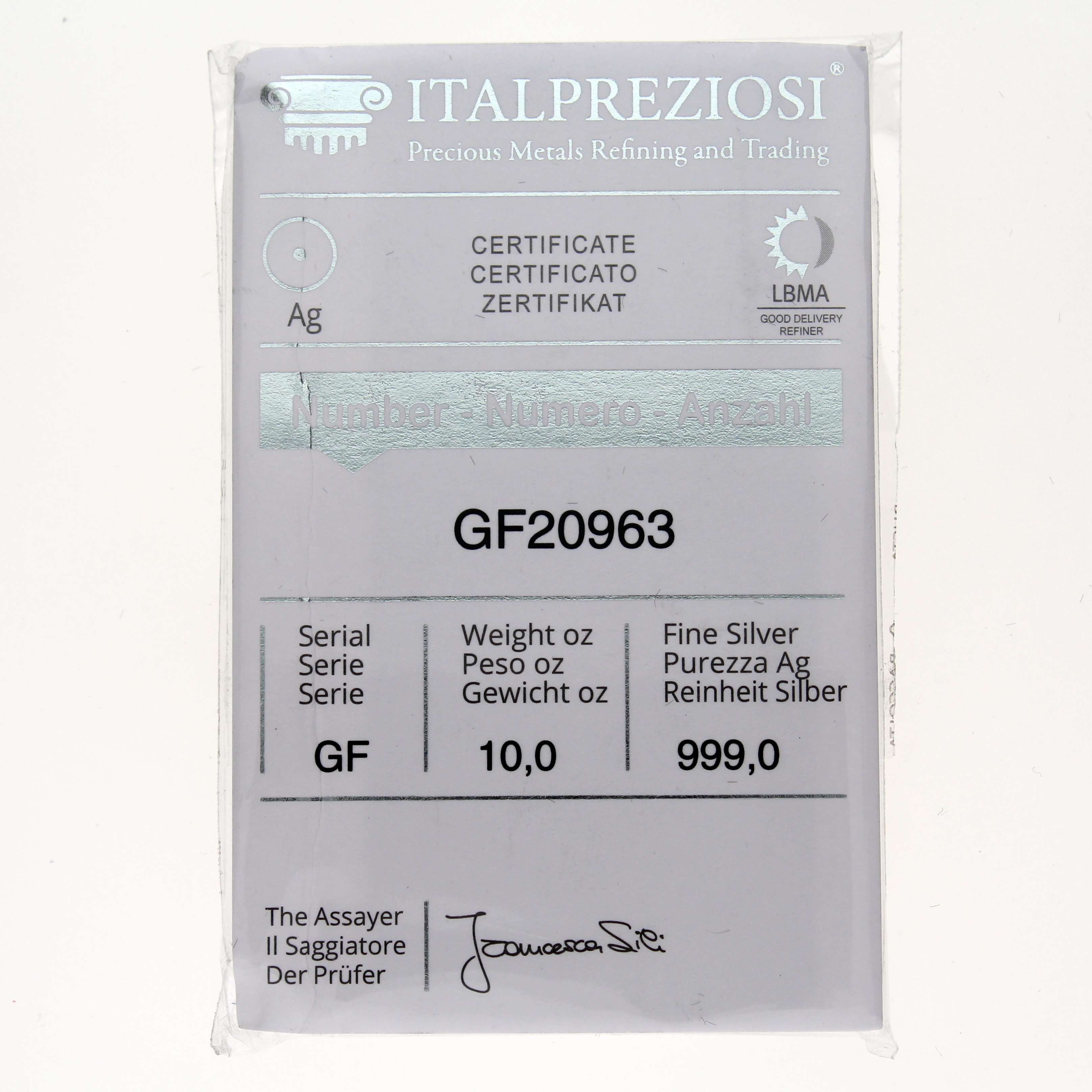 Lingote de Plata Italpreziosi de 10oz reverse