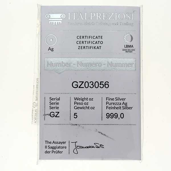Lingote de Plata Italpreziosi de 5oz reverse