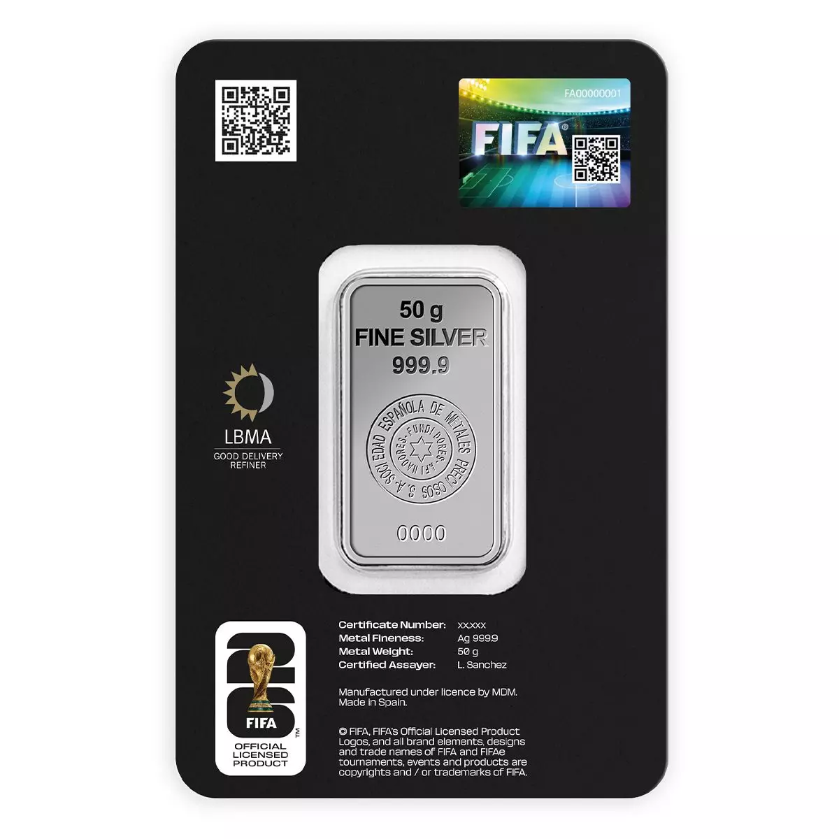 Lingote de Plata SEMPSA Copa Mundial de la FIFA - 2026 de 50g Blister reverse