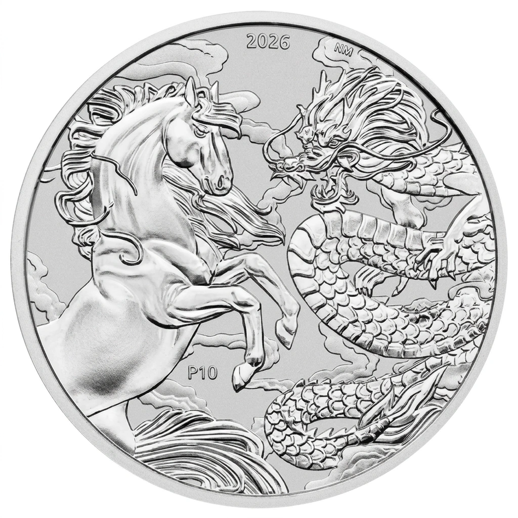 Moneda de Plata Mitos y leyendas Chinas: El dragón y el caballo 2026 1 oz