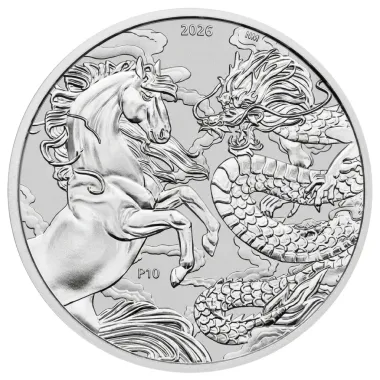 Moneda de Plata Mitos y leyendas Chinas: El dragón y el caballo 2026 1 oz