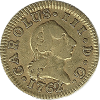 Moneda Carlos III 1/2 Escudo Oro 1762 Madrid JP 1,76 g