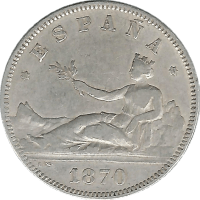 Moneda Gobierno Provisional 2 Pesetas Plata 1870 DEM 9,94 g