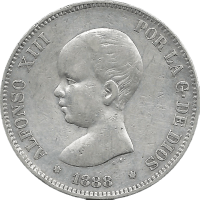 Moneda Alfonso XIII 5 Pesetas Plata 1888 MPM 24,73 g