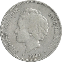 Moneda Alfonso XIII 5 Pesetas Plata 1894 PGV 24,60 g