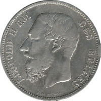 Moneda Bélgica 5 Francos Plata 1868 Leopold II 24,68 g