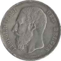 Moneda Bélgica 5 Francos Plata 1873 Leopold II 24,79 g