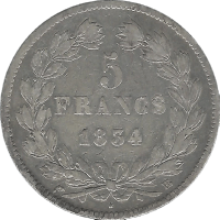 Moneda Francia 5 Francos Plata 1834 Estrasburgo 24,76 g