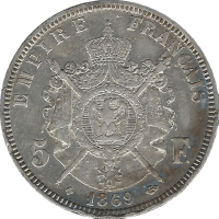 Moneda Francia 5 Francos Plata 1869 Estrasburgo 24,88 g