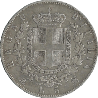 Moneda Italia 5 Liras Plata 1873 Milán 24,84 g