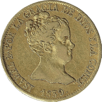 Moneda Isabel II 80 Reales Oro 1839 Barcelona PS CONST 6,67 g