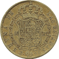 Moneda Isabel II 80 Reales Oro 1839 Barcelona PS CONST 6,67 g