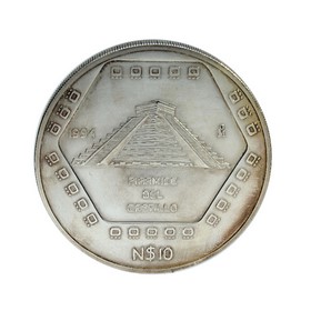 Moneda México 10 Pesos Nuevos Pirámide del Castillo Plata 1994 5 oz