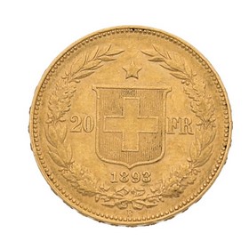 Moneda Suiza 20 Francos Oro 1893 6,44 g