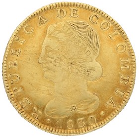 Moneda Colombia 8 Escudos  Oro 1830 26,80 g