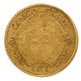 Moneda Colombia 5 Pesos Oro 1919 7,99 g
