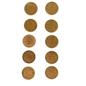 Lote 10 Monedas de Oro de 2 pesos 16,56 g