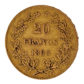 Moneda Bélgica 20 Francos Oro 1865 6,41 g