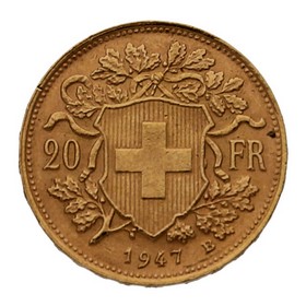 Moneda Suiza 20 Francos Oro 1947 6,45 g