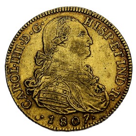 Moneda 8 Escudos Oro 1807 Nuevo Reino JJ 27 g