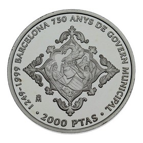 Moneda 2.000 Pesetas 750 años de gobierno municipal de Barcelona Proof Plata 1999 Madrid 27 g