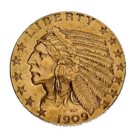 Moneda Estados Unidos 5 Dollars Indian Head Oro 1909 8,36 g