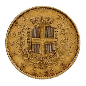 Moneda Italia 20 Liras Oro 1865 6,43 g