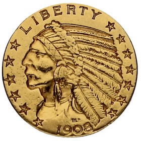 Moneda Estados Unidos 5 Dollars Indian Head Oro 1908 8,30 g