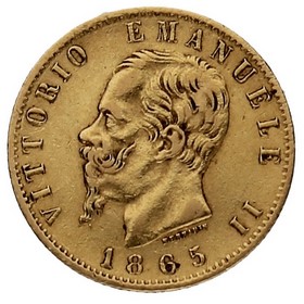 Moneda Italia 20 Liras Oro 1865 6,45 g