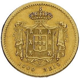 Moneda Portugal 1000 Reis Oro 1855 1,76 g