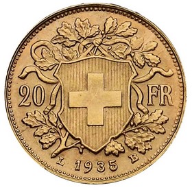 Moneda Suiza 20 Francos Suizos Oro 1935 6,45 g