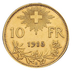 Moneda Suiza 10 Francos Suizos Oro 1915 3,22 g
