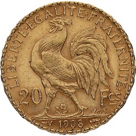 Moneda Francia 20 francos Franceses Oro 1908 6,45 g