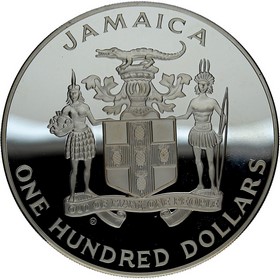 Moneda Jamaica 100 Dollars Mundial de Futbol Plata 1990 136,08 g