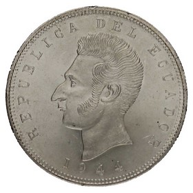 Moneda Ecuador 5 Sucres Plata 1944 Mexico 25,15 g
