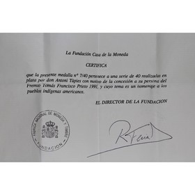 Medalla española Antoni Tapies a Pueblos Indigenas Americanos Plata 1992 101,82 g